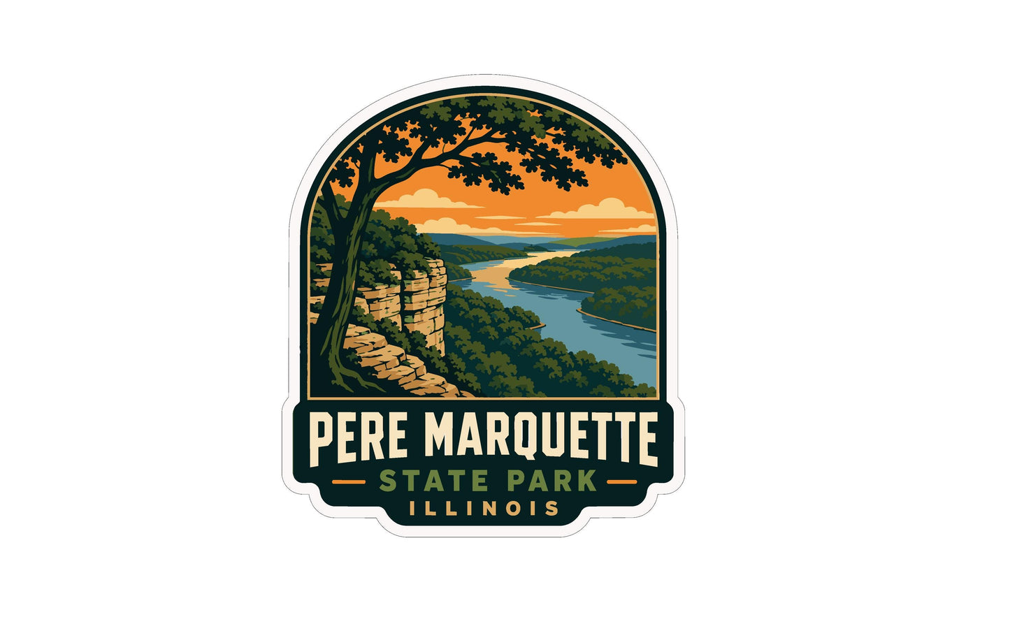 A sticker depicting a scenic landscape with a river, trees, and a cliff, with the text "Pere Marquette State Park Illinois" prominently displayed.