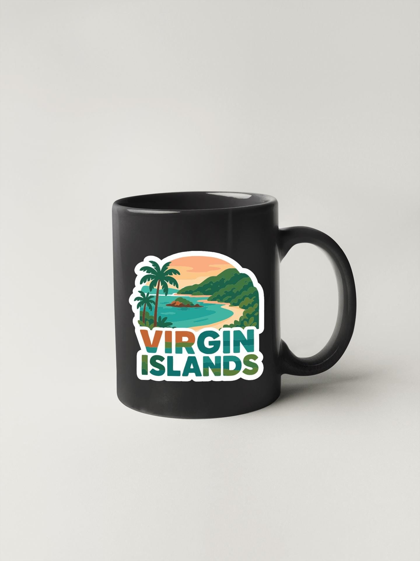 A black coffee mug with a tropical island landscape and palm trees printed on it, along with the text "VIRGIN ISLANDS".