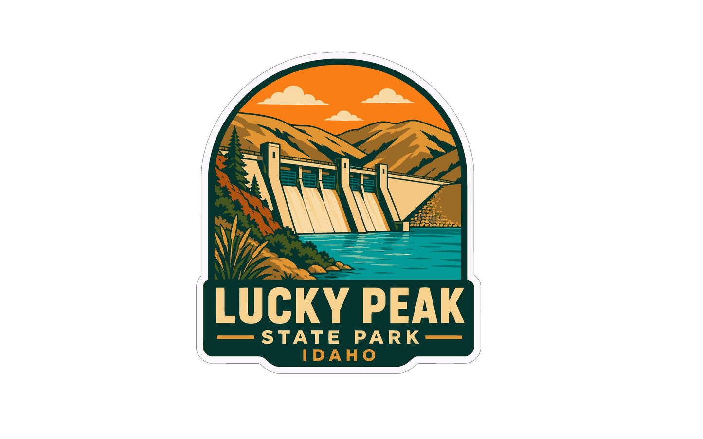 a sticker or emblem with a scenic landscape depicting a dam or waterway surrounded by mountains and a lake. The text "Lucky Peak State Park Idaho" is prominently displayed, indicating the location or theme of the image.