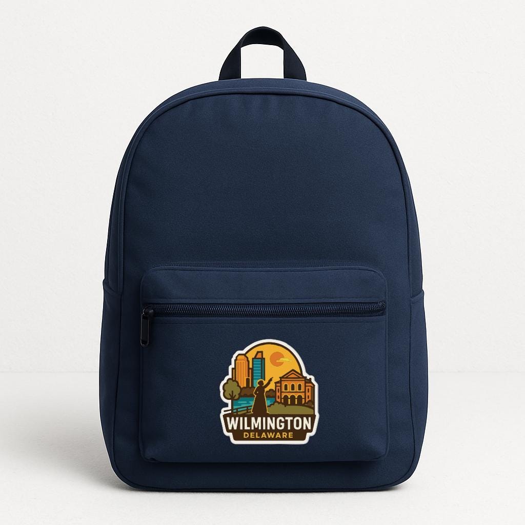 A navy blue backpack with a sticker on the front that says "Wilmington, Delaware".