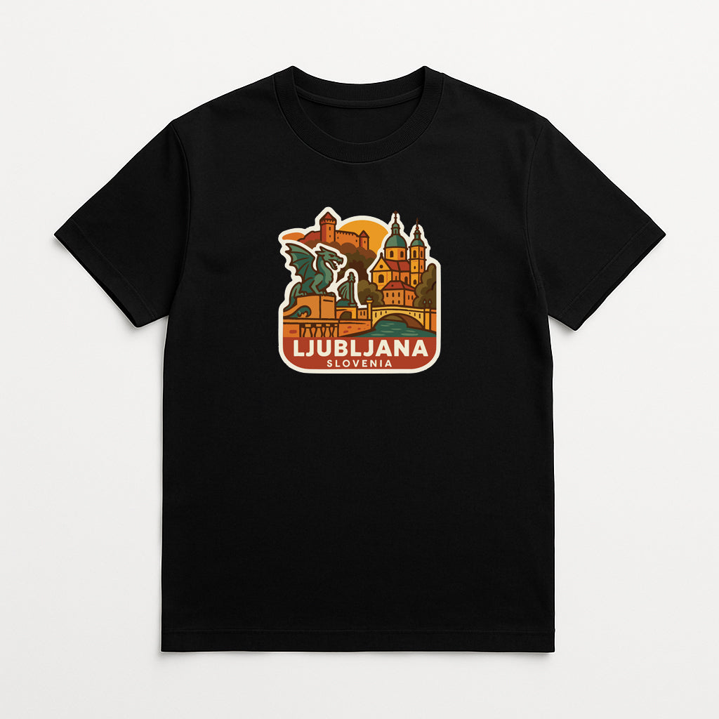 A black t-shirt with a graphic design depicting the city of Liebaja, Slovenia.