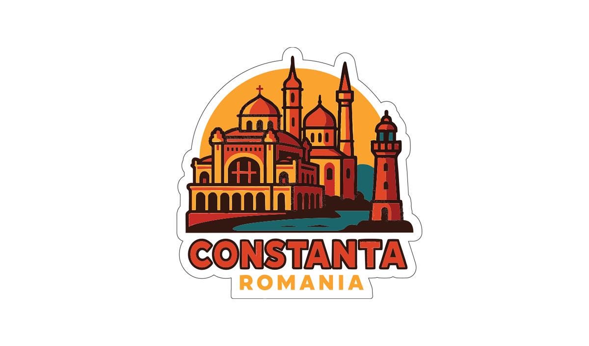 a stylized illustration of the Romanian city of Constanta, with the text "CONSTANTA ROMANIA" prominently displayed.