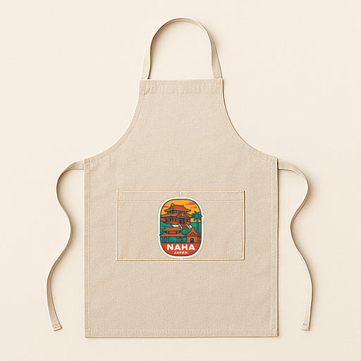 A beige apricot with a colorful graphic patch on the front, featuring a tropical house and palm trees.