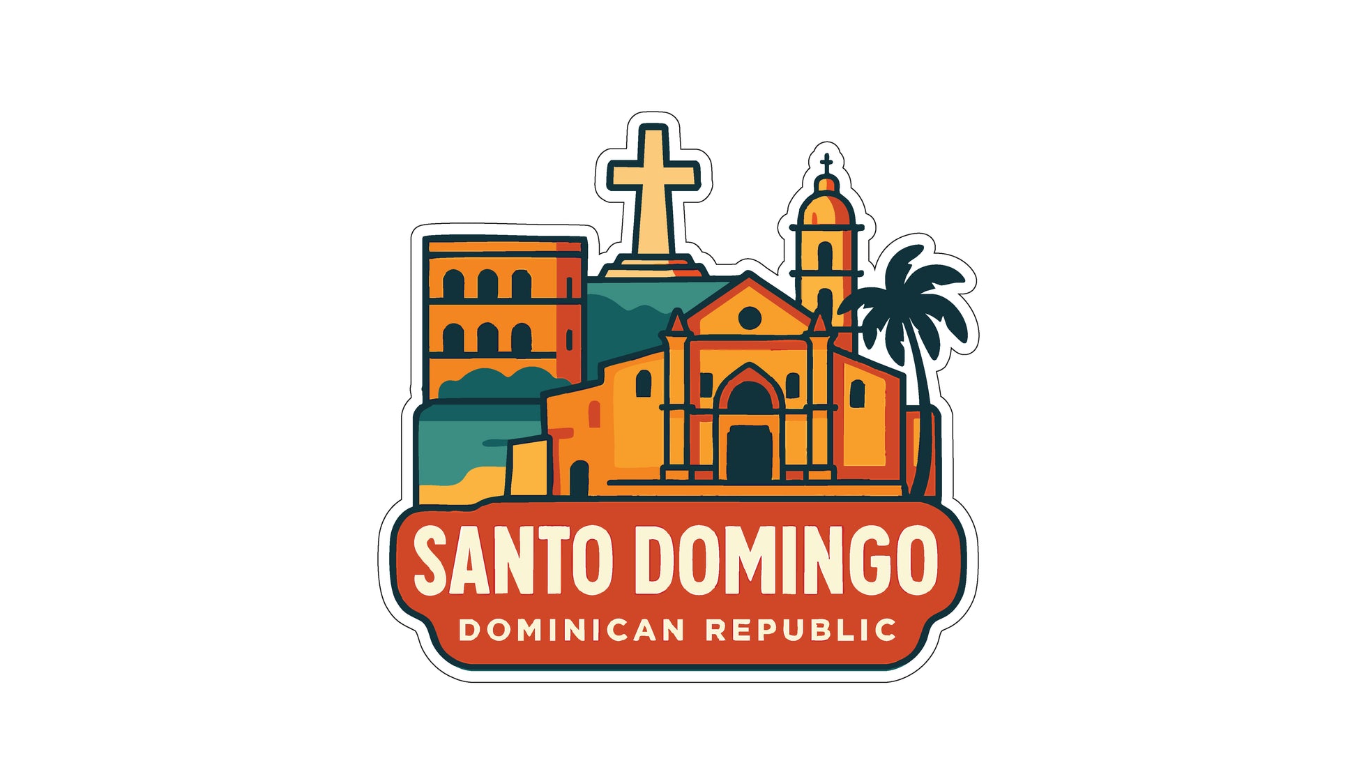 a sticker or logo for the Dominican Republic, depicting a church, a cross, and a palm tree.
