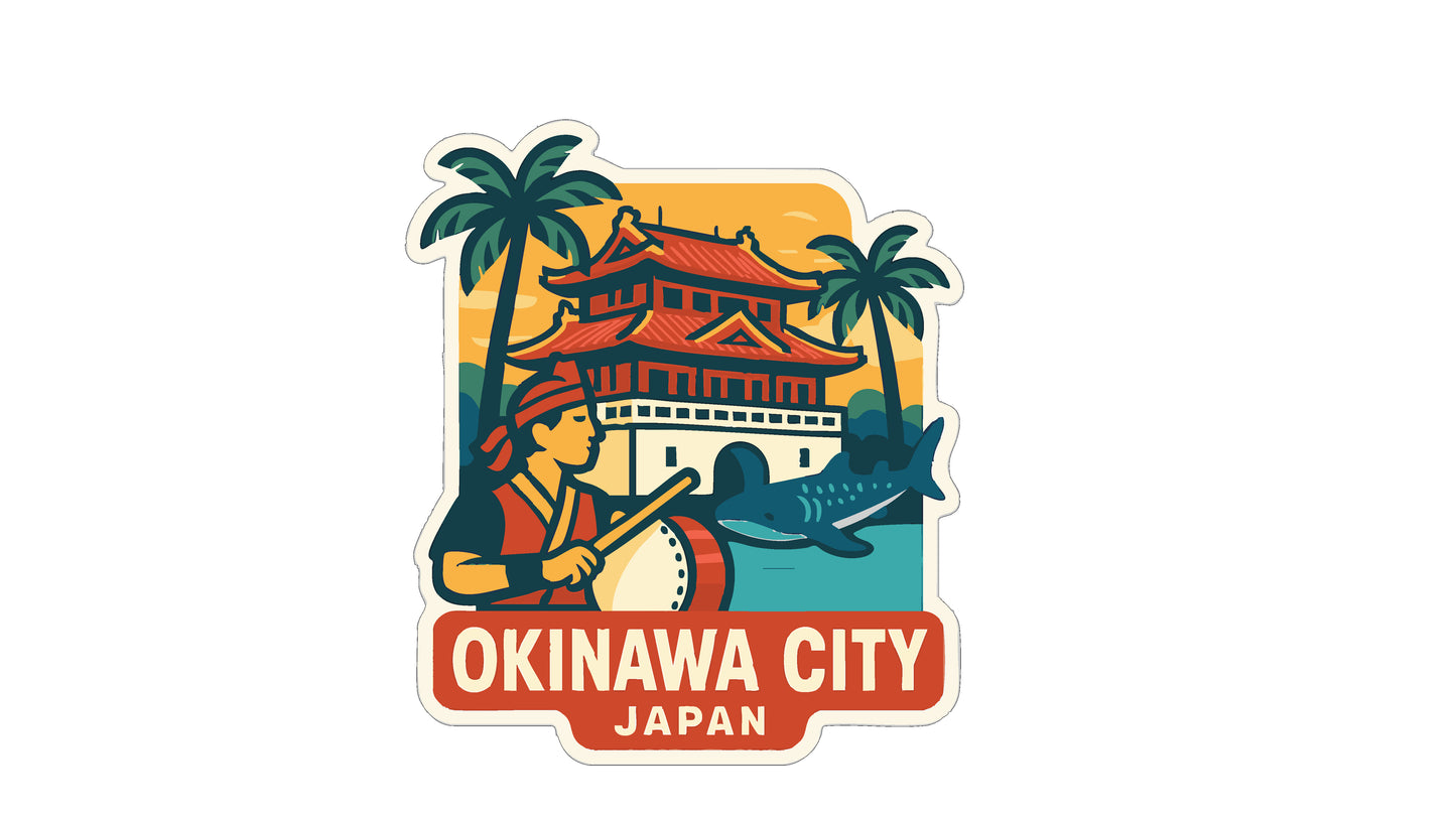 A sticker depicting a person playing a drum in front of a traditional Japanese temple, with the text "OKINAWA CITY JAPAN" below.
