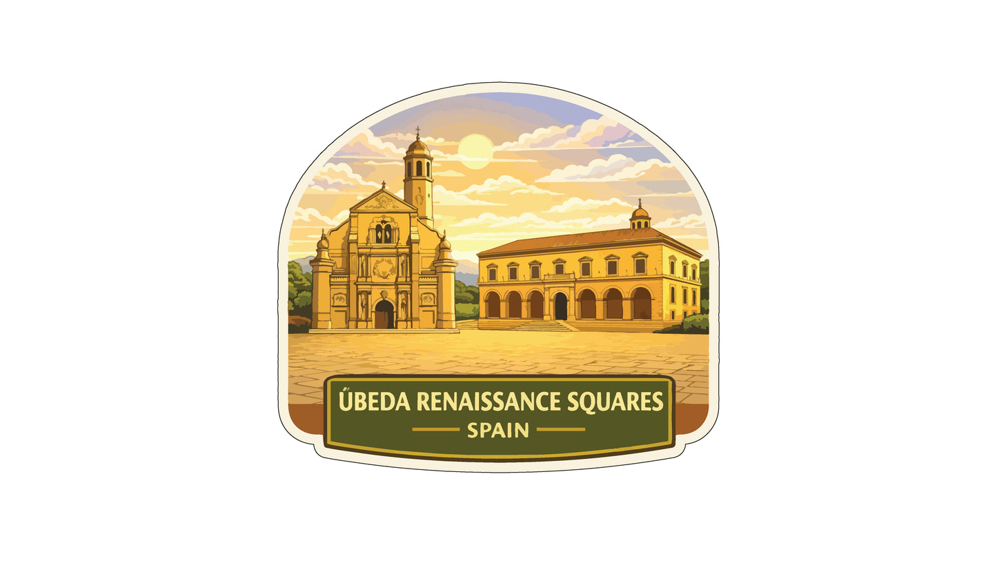 a large, ornate building with a tower, set against a backdrop of a cloudy sky and a sun. The building appears to be a church or cathedral, with a large dome and arches. The text "Ubeda Renaissance Squares" is prominently displayed, indicating the location of the landmark.