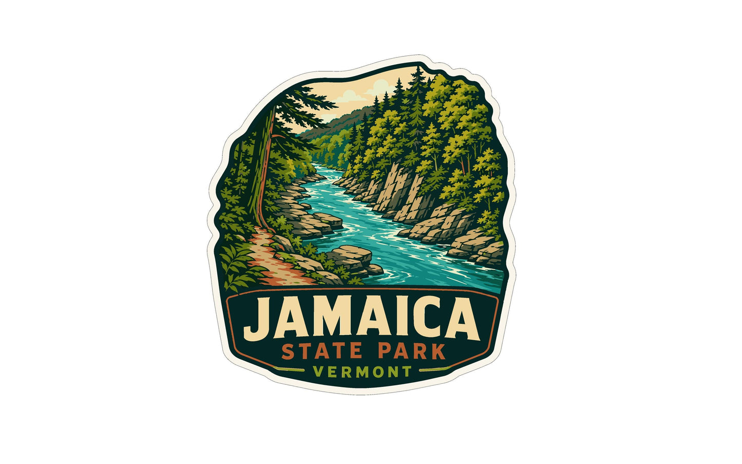 A sticker or emblem featuring a scenic landscape with a river, trees, and a path, with the text "JAMAICA STATE PARK VERMONT" prominently displayed.