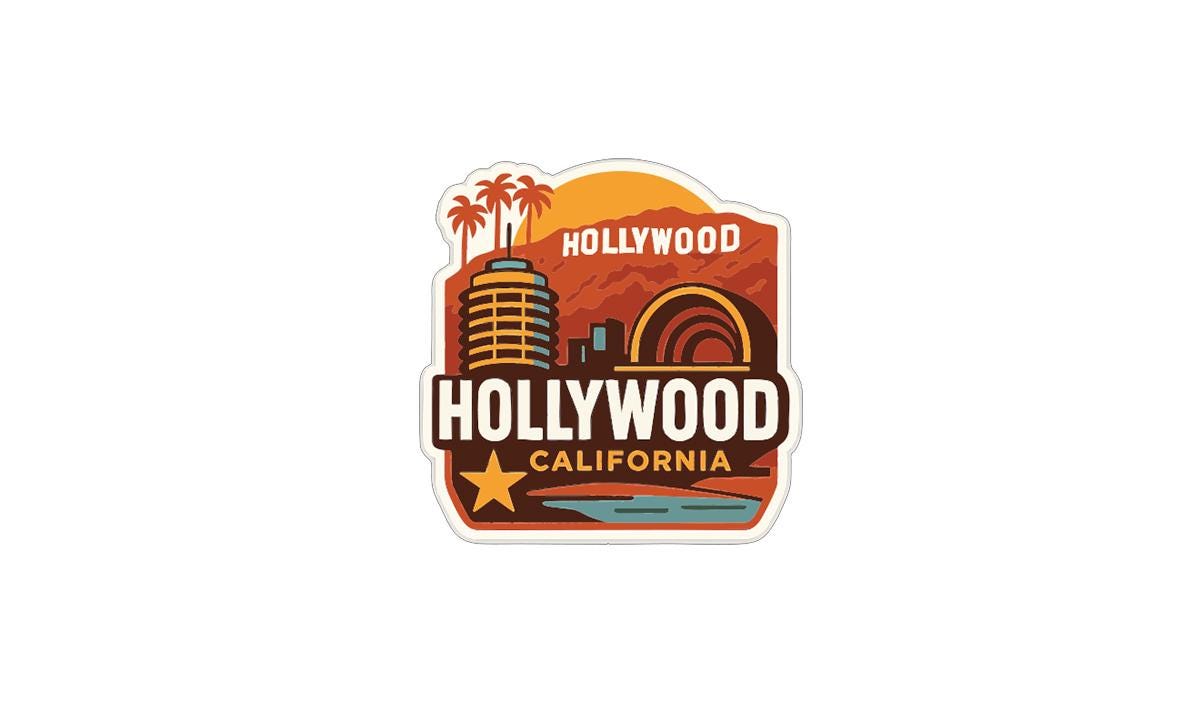 A sticker or emblem featuring the iconic Hollywood, California skyline with palm trees, a sunset, and the text "Hollywood California" prominently displayed.