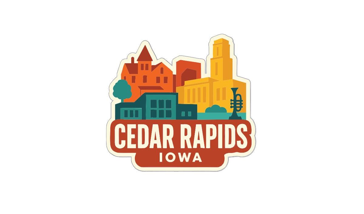 a stylized cityscape with buildings and landmarks, representing the city of Cedar Rapids, Iowa.