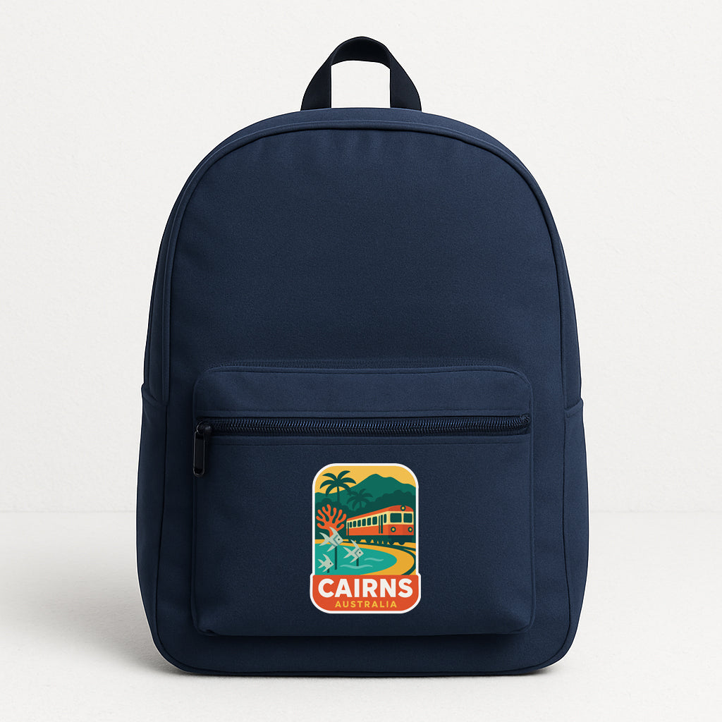 A navy blue backpack with a logo that says "CAIRNS" on the front pocket.