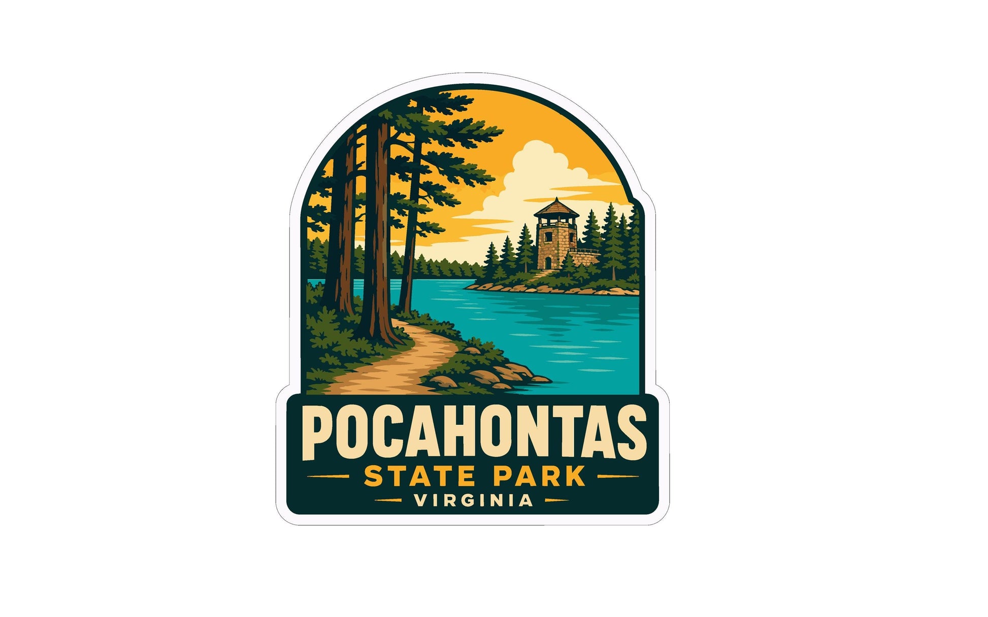 A sticker depicting a scenic landscape with a lake, trees, and a tower in the distance, with the text "POCAHONTAS STATE PARK VIRGINIA" prominently displayed.