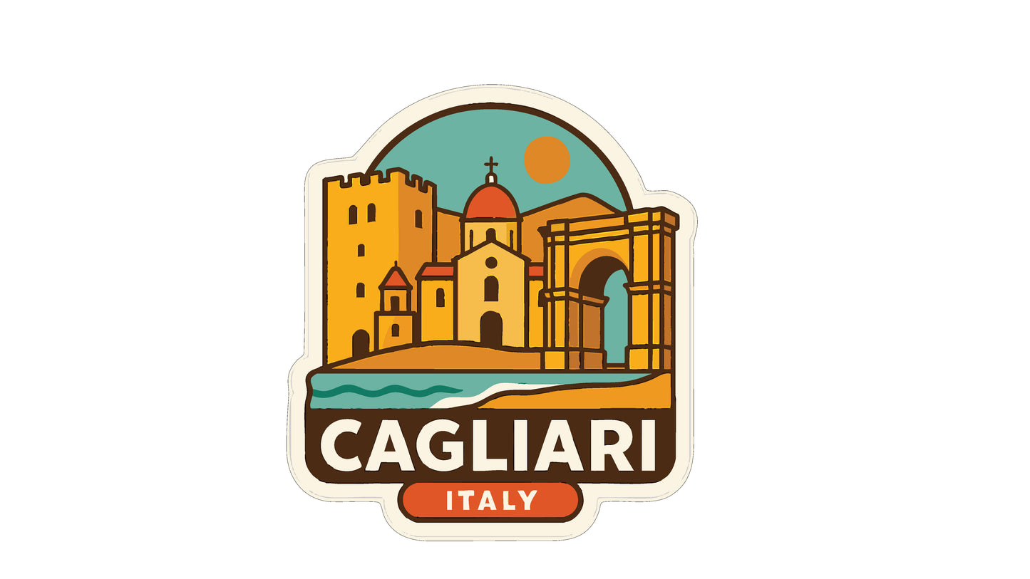a sticker or emblem with a stylized illustration of a cityscape, including a castle, buildings, and a body of water. The text "CAGLIARI ITALY" is prominently displayed, indicating the location or theme of the image.