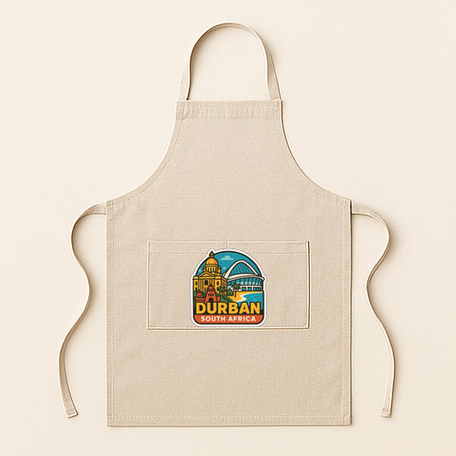 A beige apricot with a graphic design featuring a city skyline and the text "DURBAN" printed on it.