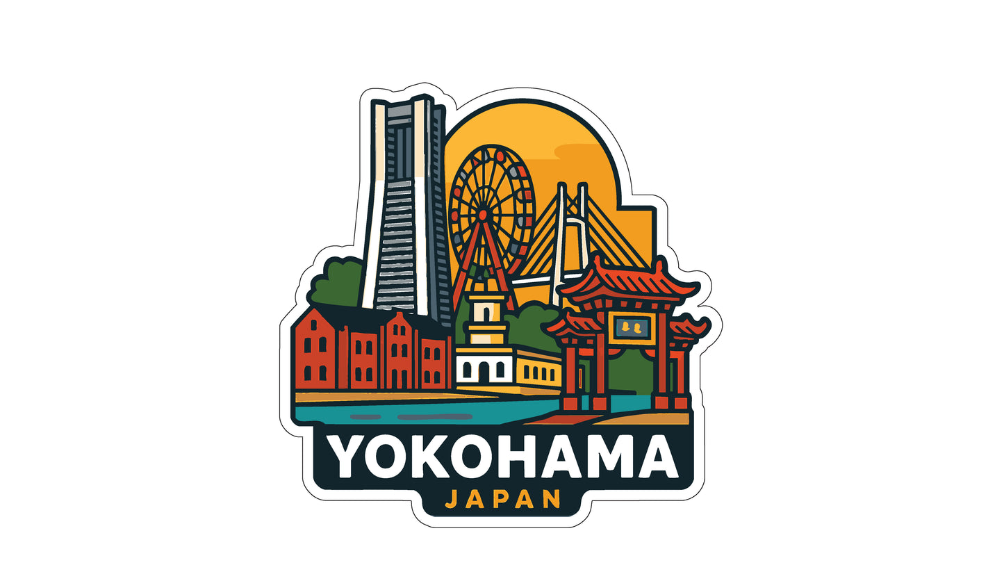 A sticker depicting the skyline of Yokohama, Japan, with various landmarks such as a ferris wheel, a temple, and a skyscraper.