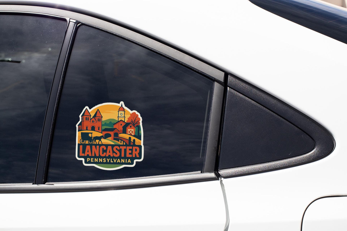 A sticker on the side of a car window, depicting a scenic view of Lancaster, Pennsylvania.
