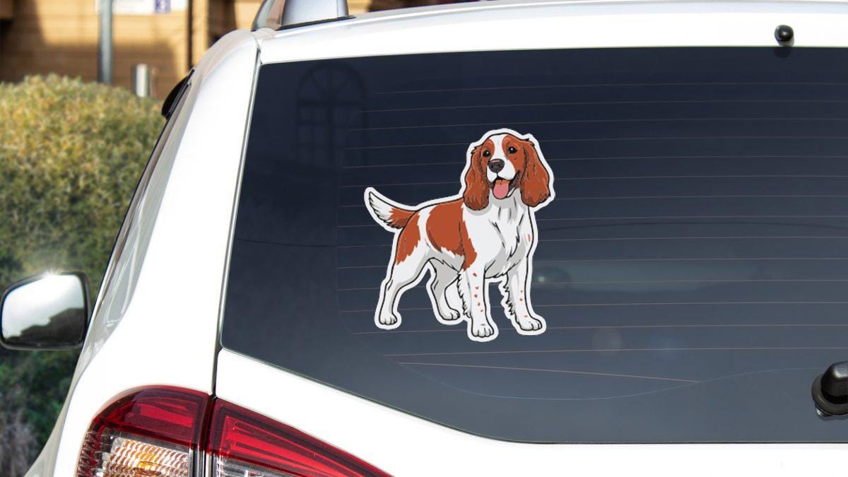 a sticker of a dog on the rear window of a car.