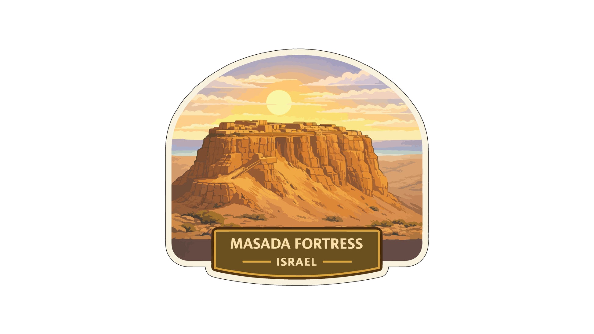 a desert landscape with a large, rocky formation in the background, possibly a mountain or a hill. The sky above the formation is filled with clouds, suggesting a warm, sunny day. The image is framed within a border, and there is text at the bottom of the border that reads "MASADA FORTESS ISRAEL".