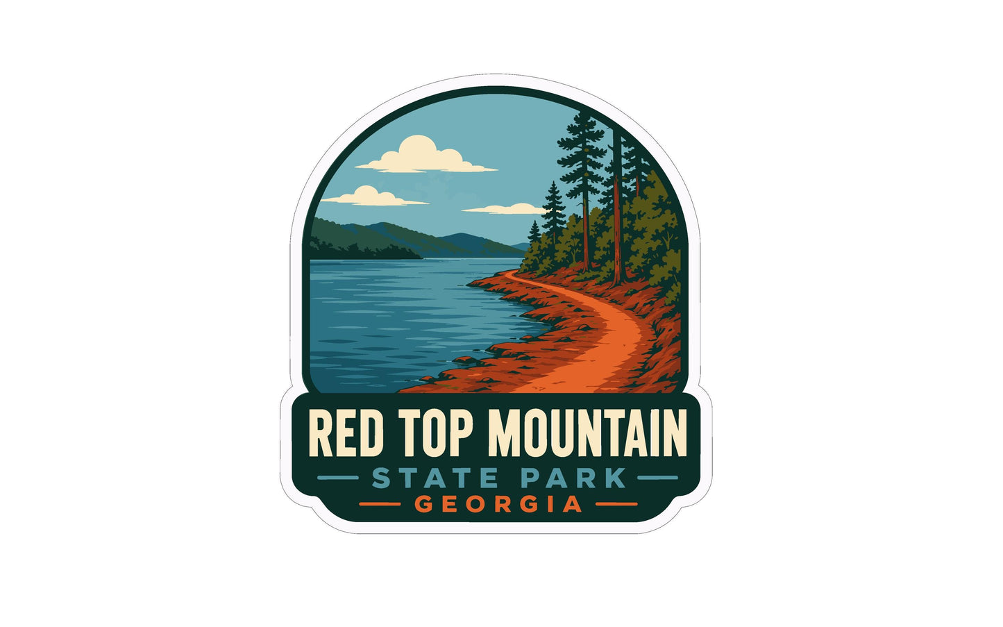 A sticker depicting a scenic landscape with a winding path, a lake, and a mountain range in the background.