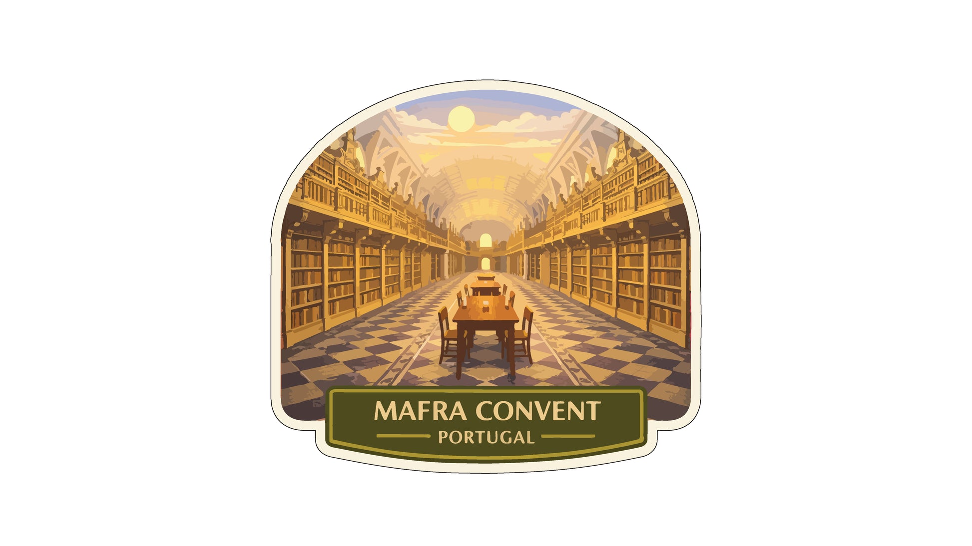 a grand library with a long, ornate hallway lined with bookshelves. The ceiling is adorned with arches, and the floor is covered in a checkered pattern. The text "MAFRA CONVENT PORTUGAL" is displayed below the image.