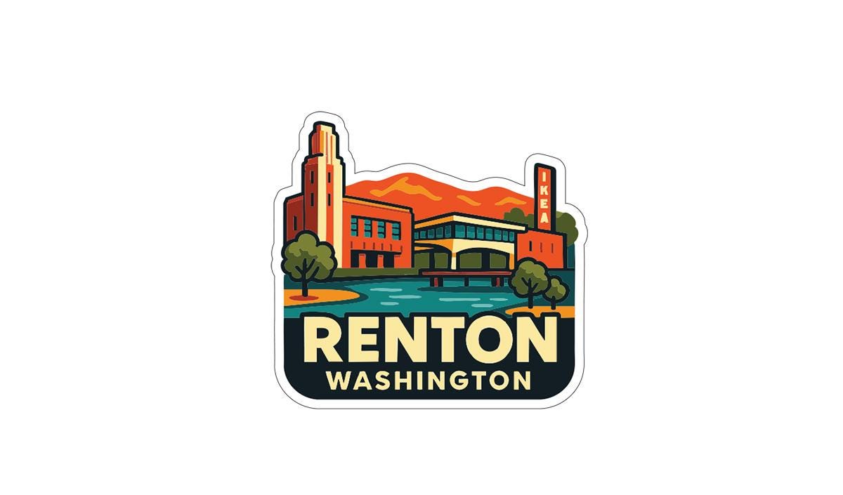 a sticker or logo depicting a cityscape with buildings, a river, and mountains in the background. The text "RENTON WASHINGTON" is prominently displayed in the center of the image.