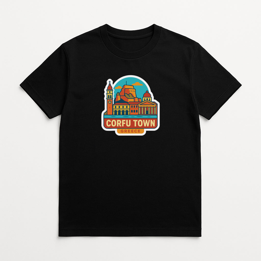 A black t-shirt with a colorful graphic design depicting a town or city, along with the text "CORFU TOWN GREECE".