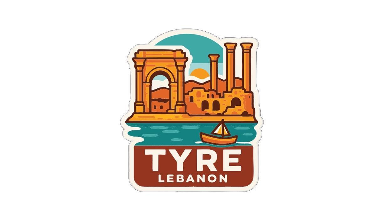 a stylized illustration of a cityscape with a boat on the water, along with the text "TYRE LEBANON" prominently displayed.