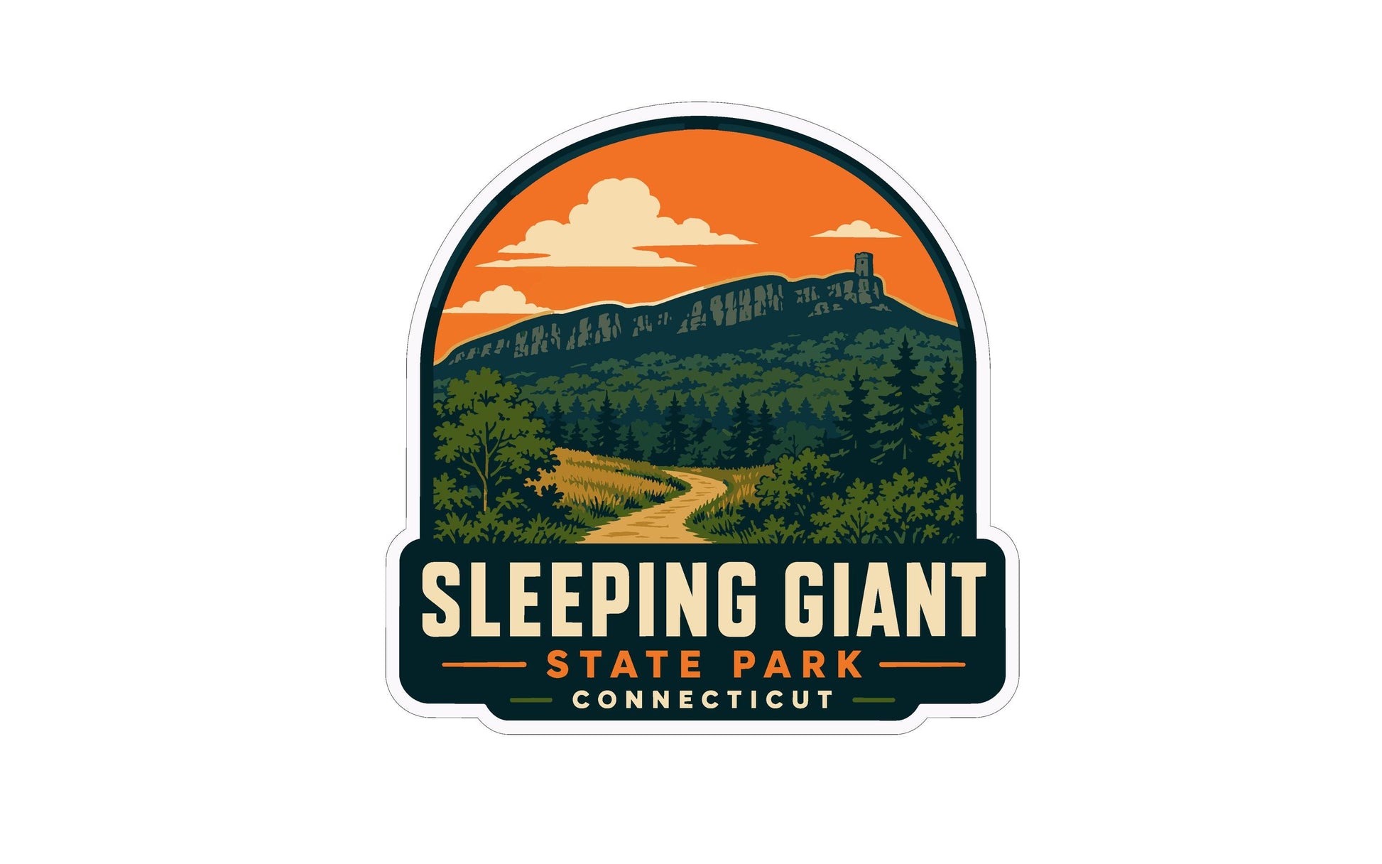 a sticker or logo for Sleeping Giant State Park in Connecticut. The design includes a mountain landscape with a winding path, trees, and a cloudy sky. The text "SLEEPING GIANT STATE PARK CONNECTICUT" is prominently displayed, indicating the location and name of the park.