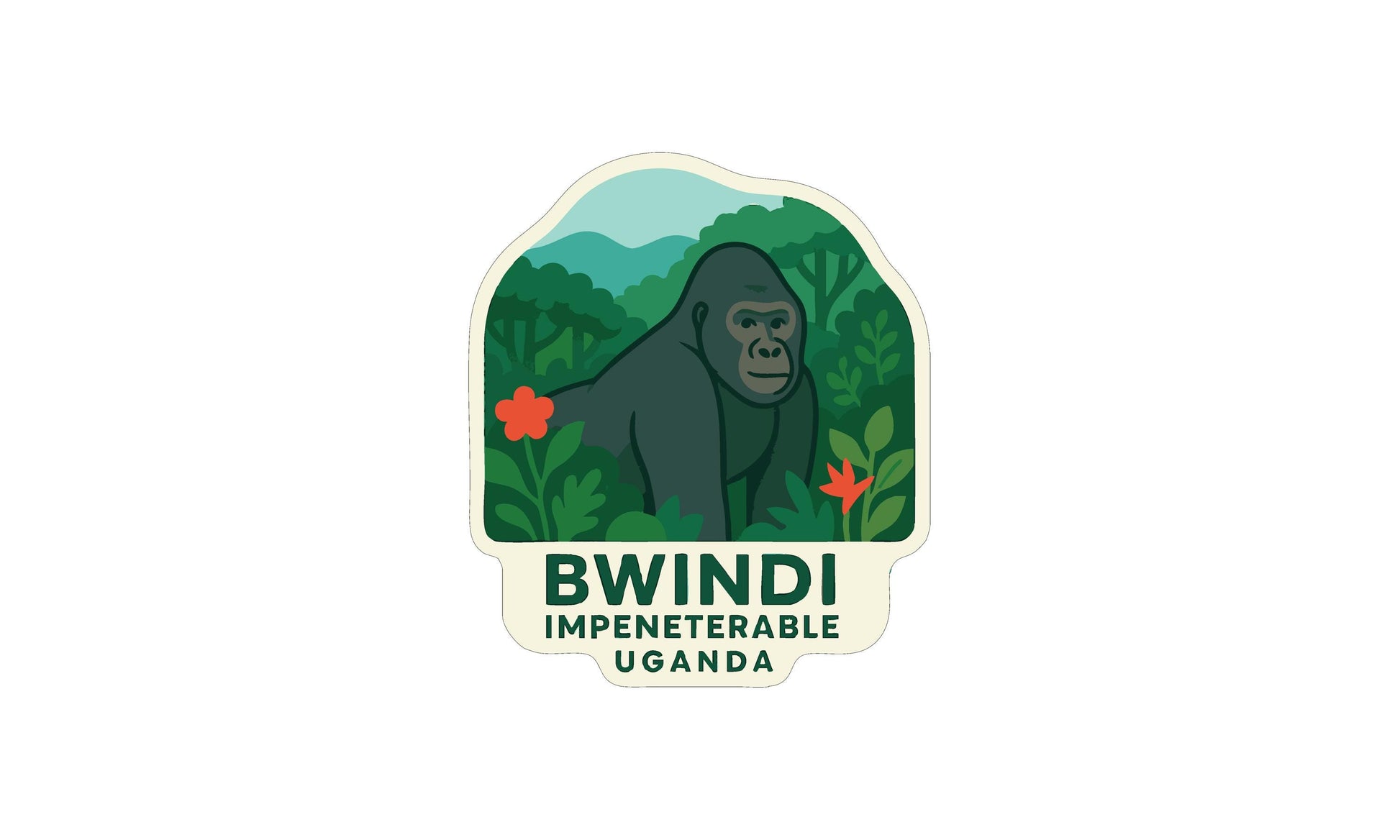 a large, dark-colored gorilla standing in a lush, green forest environment.