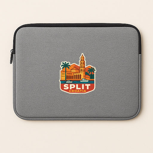A gray laptop sleeve with a logo depicting a cityscape and the text "SPLIT CROATIA".