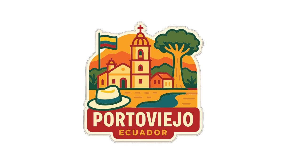 a colorful illustration of Porto Viejo, Ecuador, with a church, a tree, and a hat, along with the text "Porto Viejo Ecuador" prominently displayed.