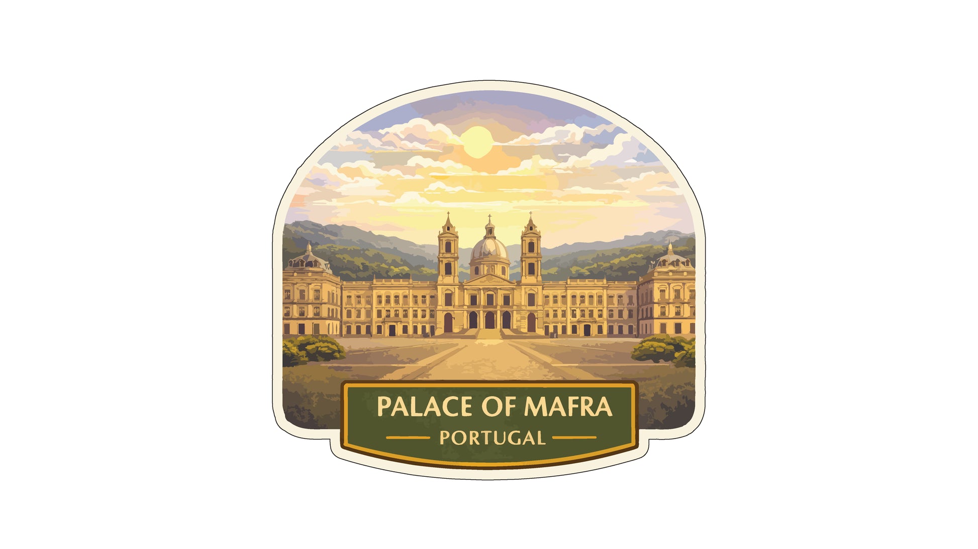 a large, ornate palace with multiple towers and domes, set against a backdrop of a cloudy sky and a sunset.