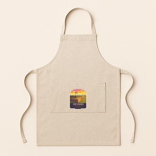 A beige apricot with a small graphic of a sunset on it, displayed against a plain background.