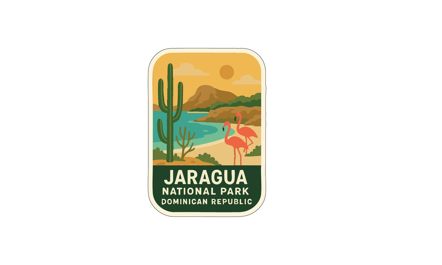a sticker or label with a tropical landscape and two flamingos, representing the Jaragua National Park in the Dominican Republic.