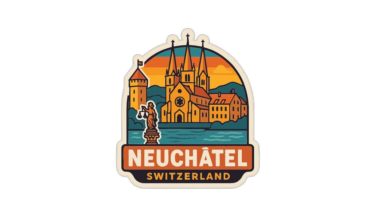 a sticker or emblem with a stylized illustration of a cityscape, including a church, buildings, and a body of water. The text "NEUCHÂTEL SWITZERLAND" is prominently displayed, indicating the location of the depicted city.