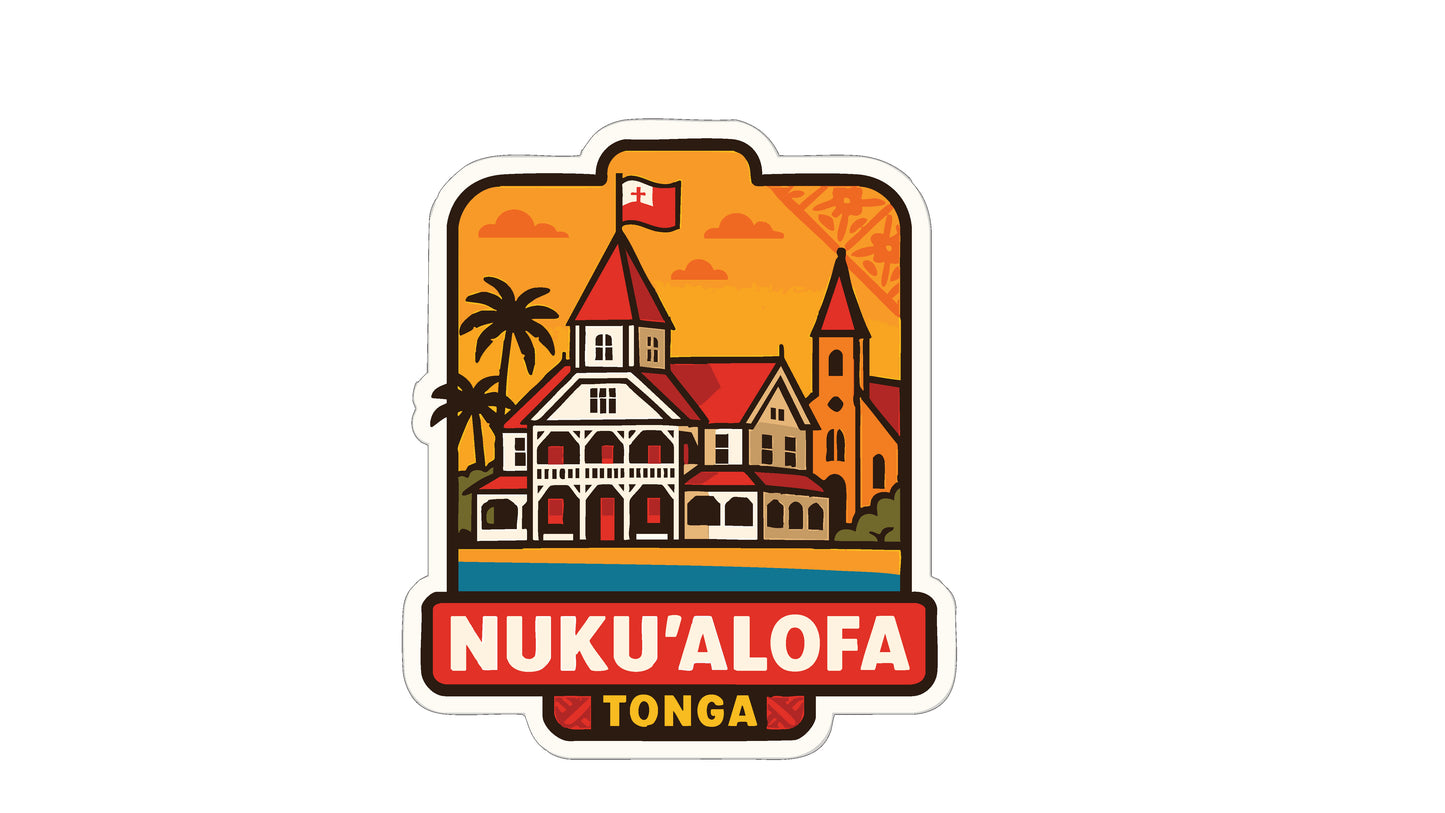 a sticker or emblem with a stylized illustration of a building, palm trees, and a flag, along with the text "NUKU'ALOFA TONGA".