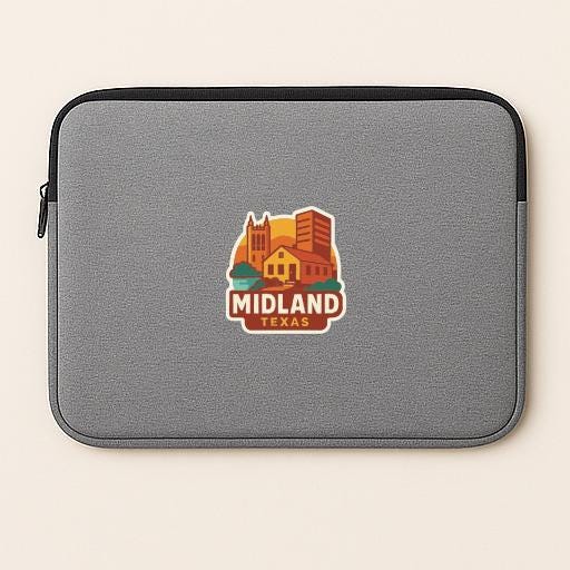 A gray laptop sleeve with a logo of Midland, Texas, featuring a stylized illustration of a cityscape with buildings and a sun.