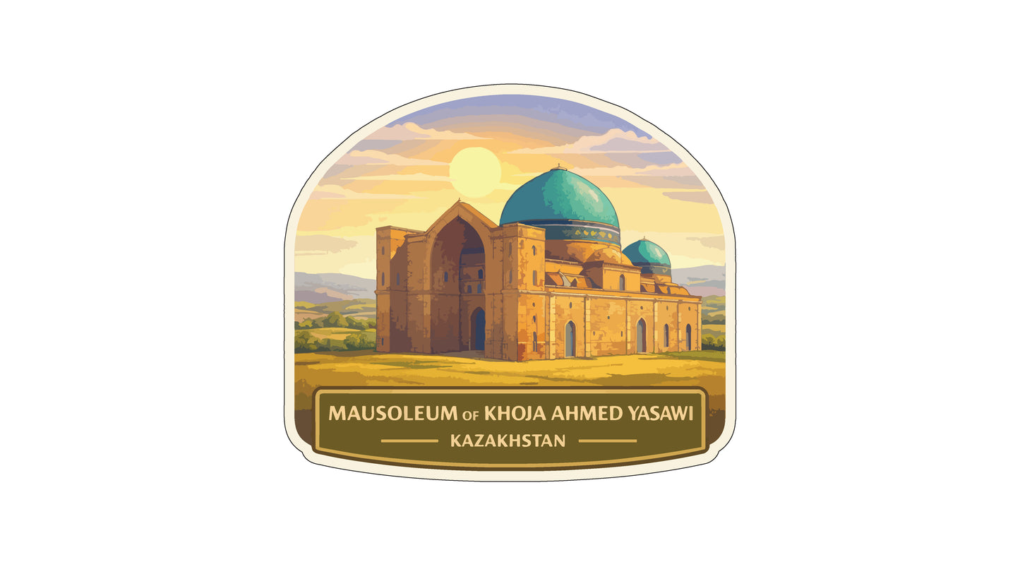 a large, ornate building with a green dome, set against a scenic landscape with mountains and a sunset.