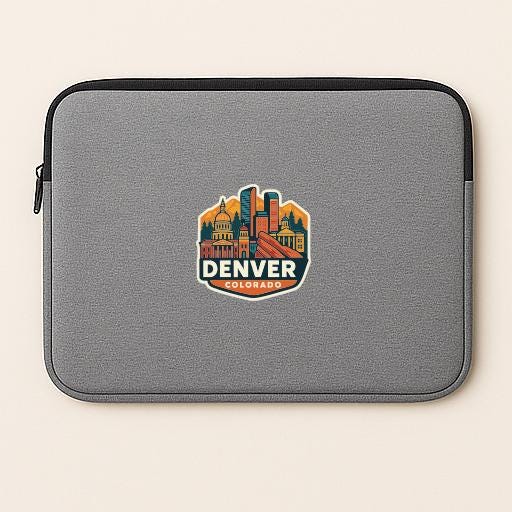 A gray laptop sleeve with a logo of the city of Denver, Colorado.