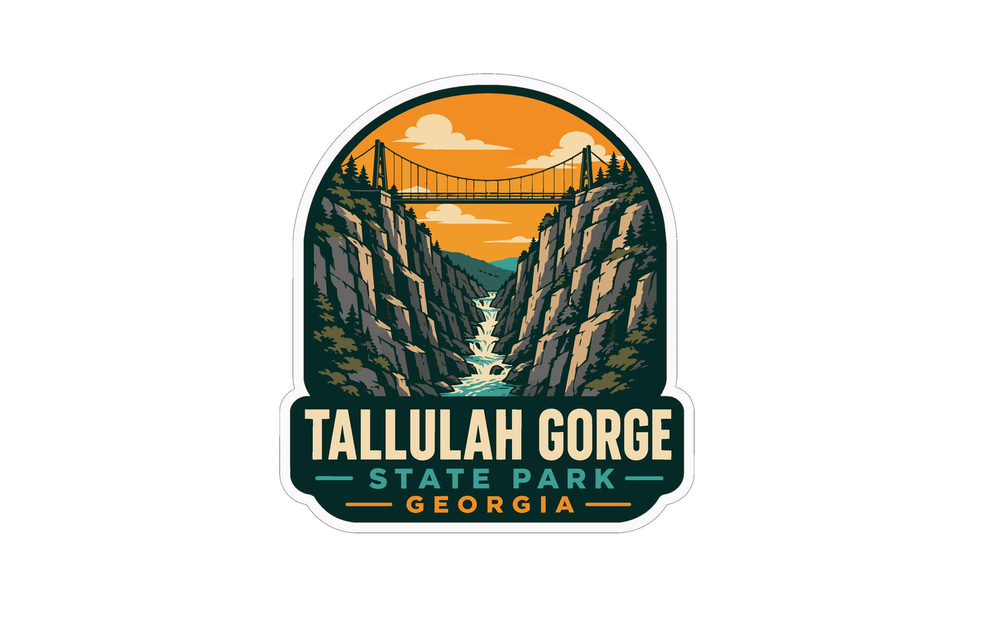 A sticker or emblem featuring the scenic Tallulah Gorge State Park in Georgia. The image depicts a bridge crossing a deep gorge with a waterfall, surrounded by lush green mountains and a vibrant orange sky.