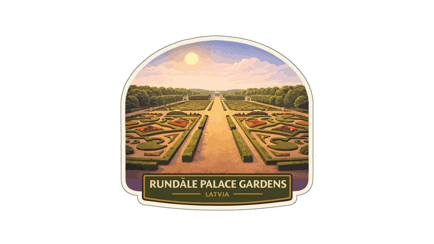 a well-manicured garden with neatly trimmed hedges and flower beds, set against a backdrop of a clear blue sky with a bright sun. The garden is surrounded by trees, creating a serene and picturesque scene. The text "RUNDALE PALACE GARDENS LATVIA" is displayed prominently in the image.