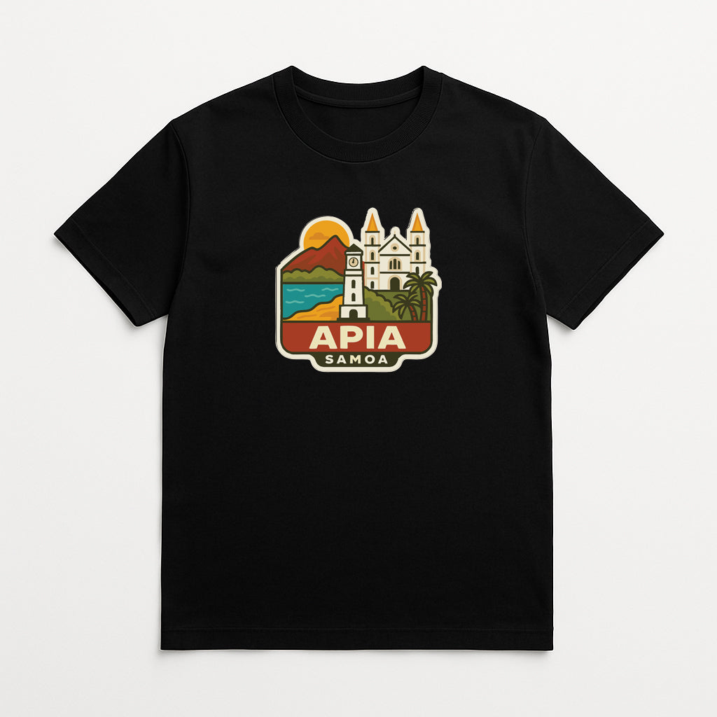 A black t-shirt with a graphic design depicting a castle, palm trees, and a body of water, along with the text "APIA SAMOHA".