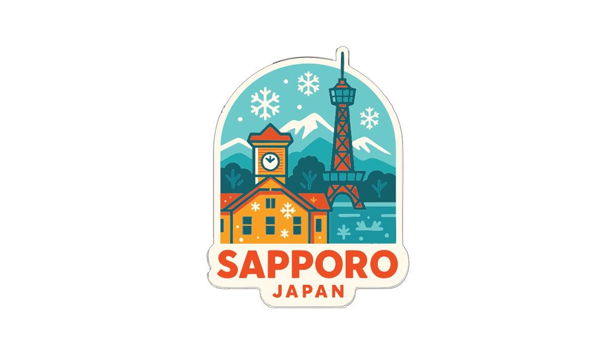 A sticker or emblem featuring the Sapporo, Japan, with a clock tower, buildings, and snowflakes in the background.