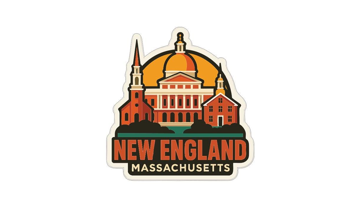 A sticker depicting the iconic architecture of Boston, Massachusetts, including the Boston Cathedral and the Massachusetts State House.