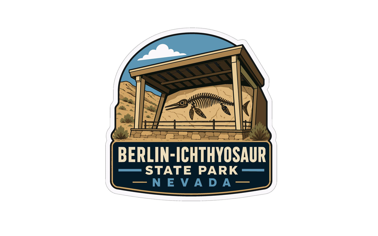 a sticker or emblem with a dinosaur skeleton and a wooden structure, likely representing Berlin-Ichthyosaur State Park in Nevada.