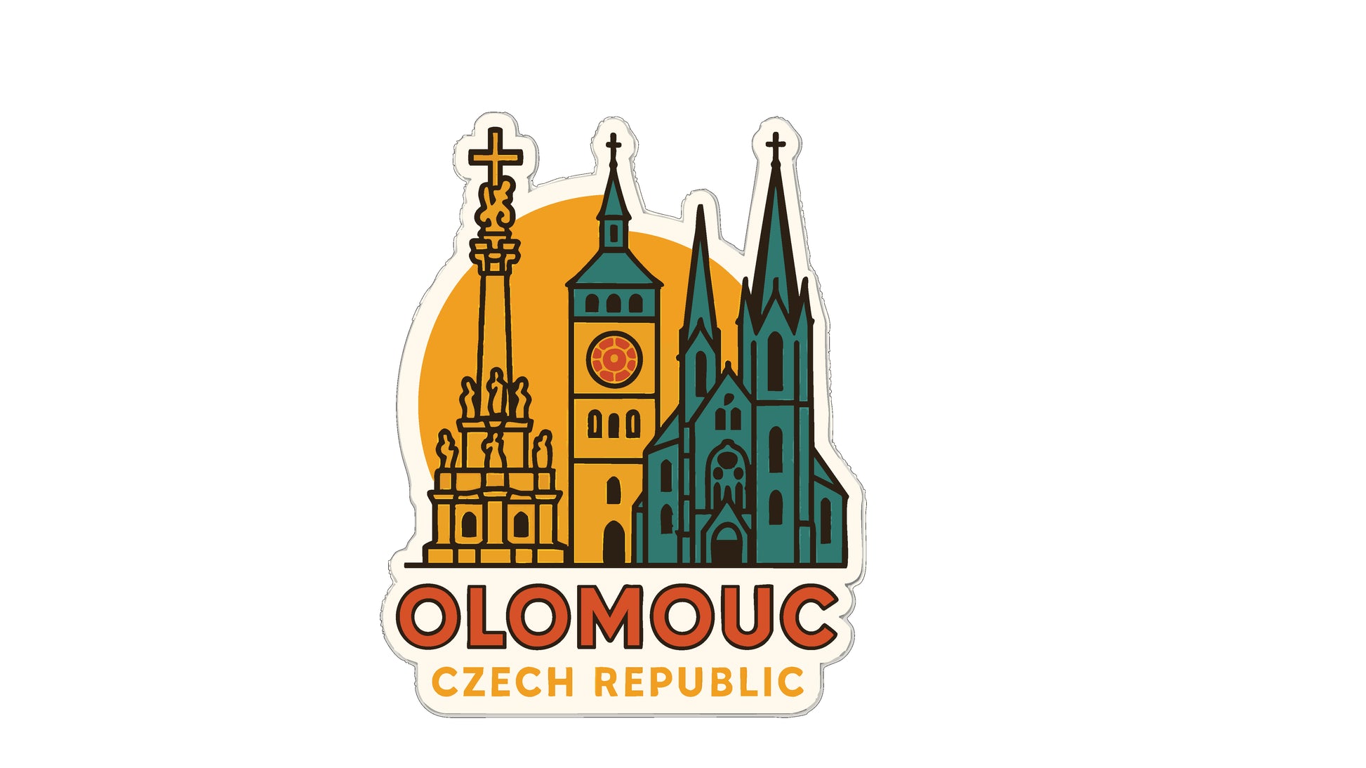 A sticker depicting the skyline of Olomouc, Czech Republic, with various architectural landmarks such as a church, a clock tower, and a spire.