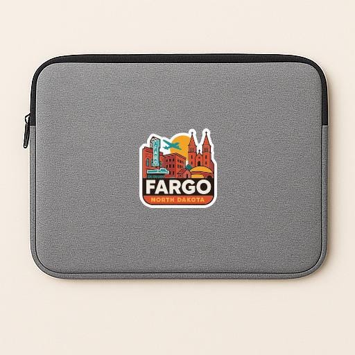 A gray laptop sleeve with a sticker of Fargo, North Dakota, prominently displayed on it.