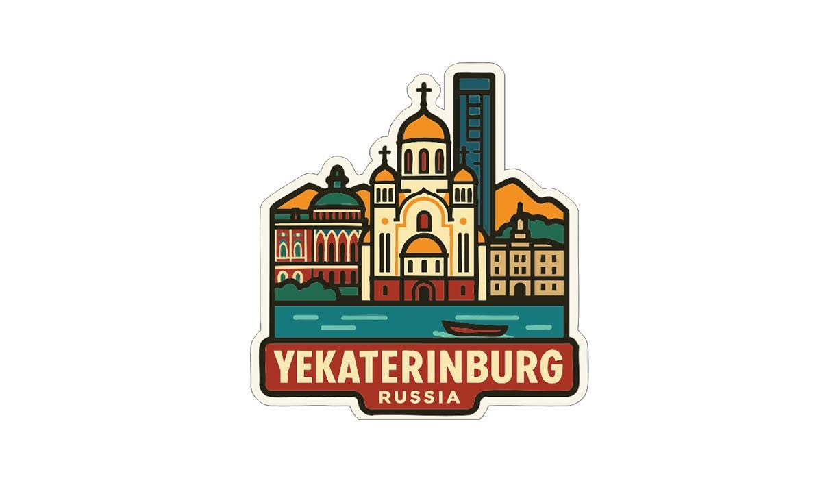 A sticker depicting the skyline of Yekaterinburg, Russia, with various buildings and landmarks, including a tall church with a dome.