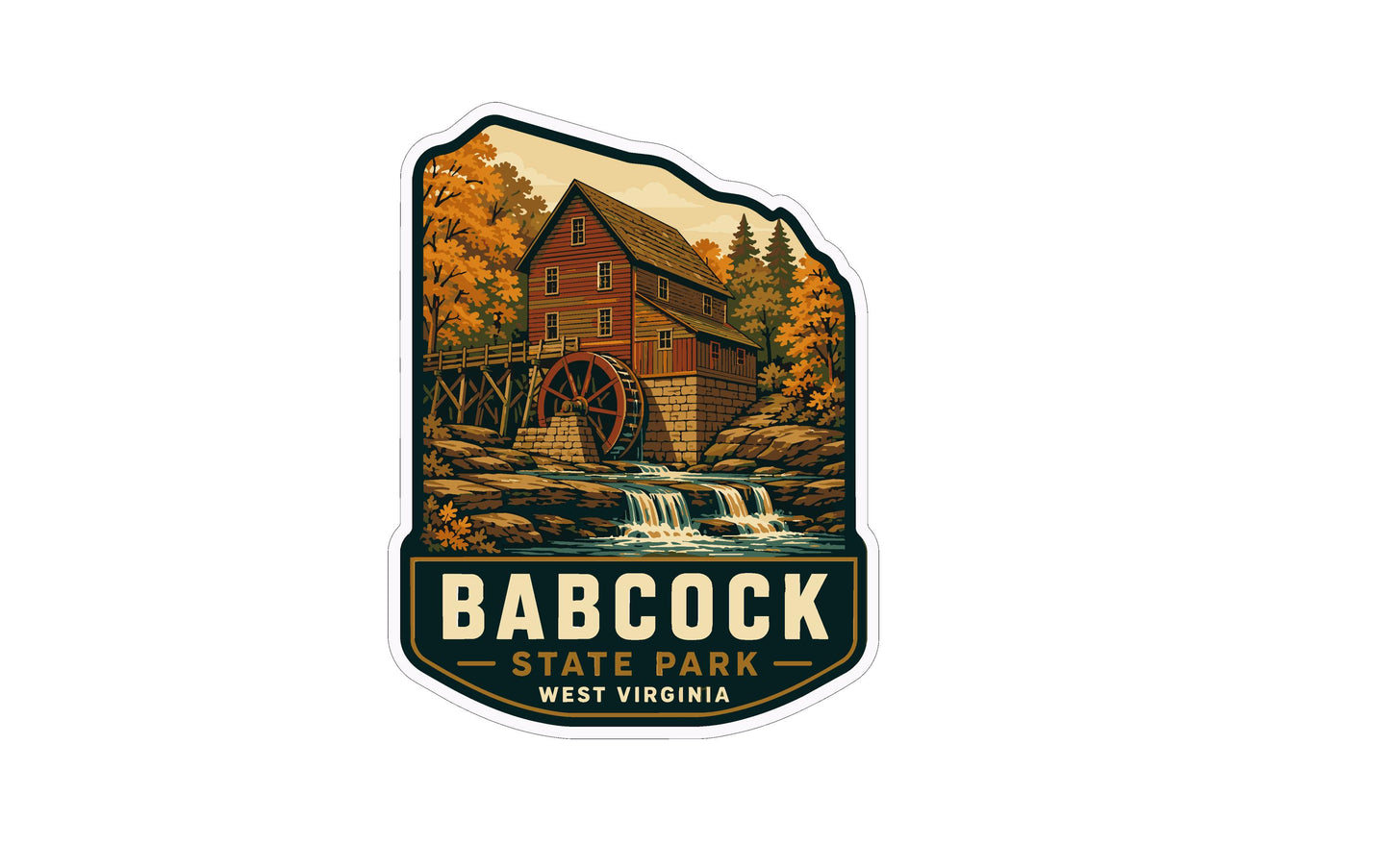 A sticker depicting a mill with a waterfall, surrounded by trees and a bridge, with the text "BACOCK STATE PARK WEST VIRGINIA" below it.