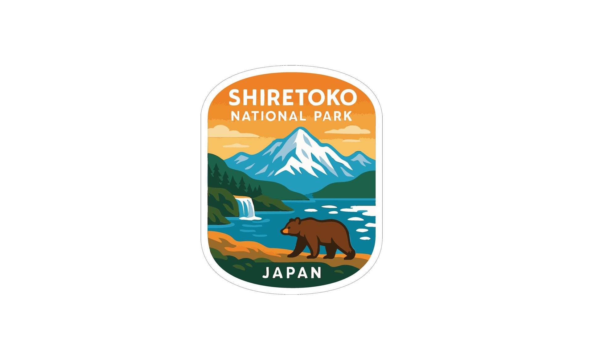 a sticker or emblem with a bear walking on a beach near a waterfall, with mountains in the background. The text "SHIRETOKO NATIONAL PARK JAPAN" is prominently displayed, indicating the location of the scene.
