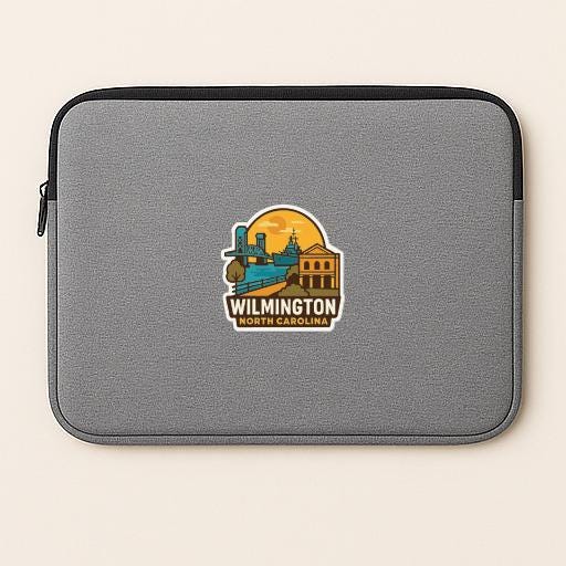 A gray laptop sleeve with a sticker depicting a city skyline and the text "Wilmington, North Carolina".